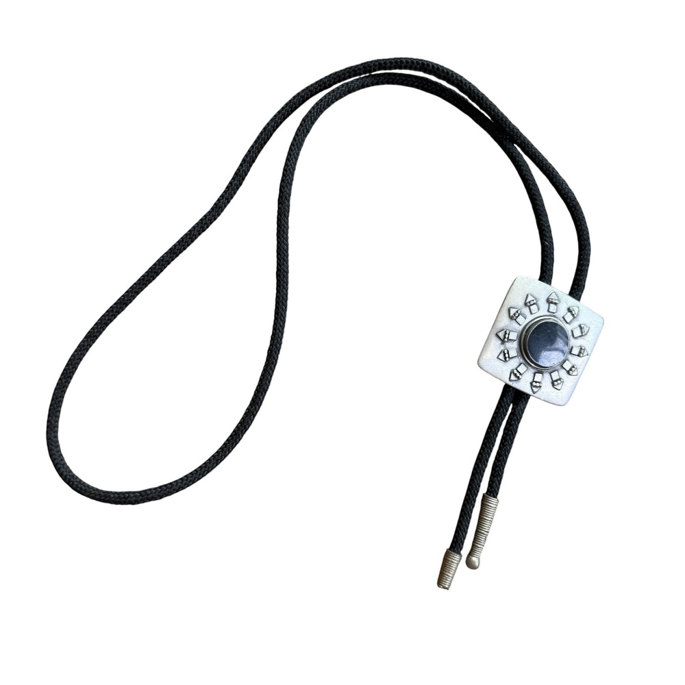 Vintage‎ Western Bolo Tie Silver Tone Black Stone Geometric Sunburst Mens